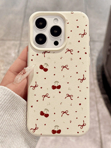 1pc Cherry Bow Pattern TPU Leather Texture Elegant Full Body Protective Phone Case