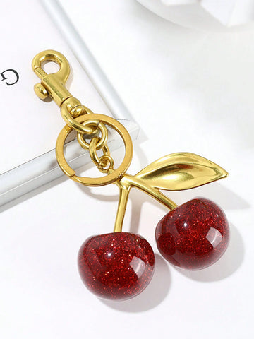 1pc Chic Cherry Keychain With Sparkling Resin Pendant