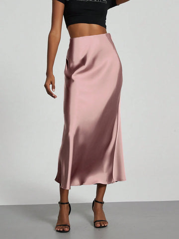 Women Silky Satin Feeling Maxi Skirt