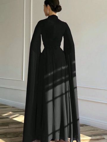 1pc Elegant Black Evening Long Dress With Cape Sleeve & Lace-Up Back