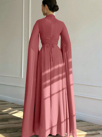 1pc Elegant Black Evening Long Dress With Cape Sleeve & Lace-Up Back