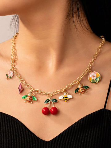 1pc Gold Stainless Steel Ball Design Necklace With Vintage Multilayered Beads