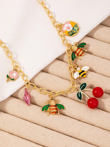 1pc Gold Stainless Steel Ball Design Necklace With Vintage Multilayered Beads