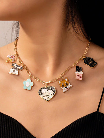 1pc Gold Stainless Steel Ball Design Necklace With Vintage Multilayered Beads