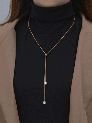 1pc Fashionable Simple Long Double Faux Pearl Adjustable Pull-String Necklace