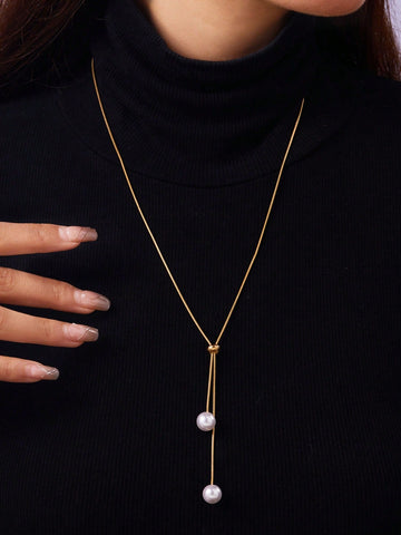 1pc Fashionable Simple Long Double Faux Pearl Adjustable Pull-String Necklace