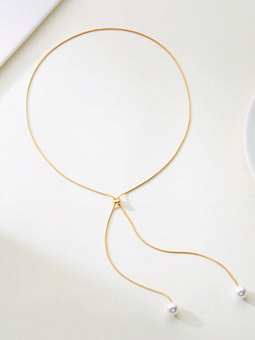 1pc Fashionable Simple Long Double Faux Pearl Adjustable Pull-String Necklace