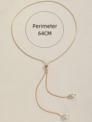 1pc Fashionable Simple Long Double Faux Pearl Adjustable Pull-String Necklace