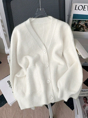 Elegant Faux Fur Collar Cardigan Sweater With Pockets