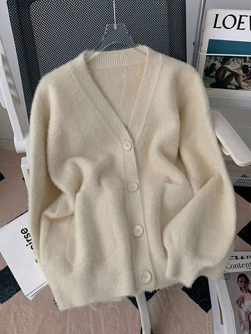 Elegant Faux Fur Collar Cardigan Sweater With Pockets