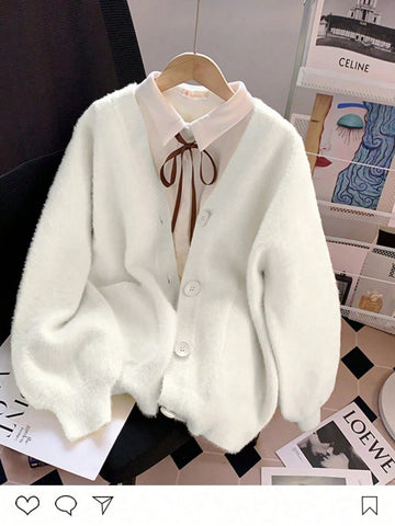 Elegant Faux Fur Collar Cardigan Sweater With Pockets