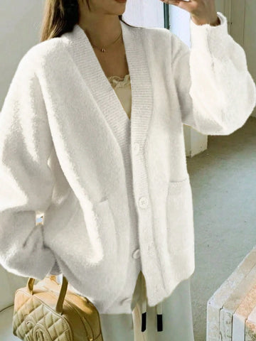 Elegant Faux Fur Collar Cardigan Sweater With Pockets