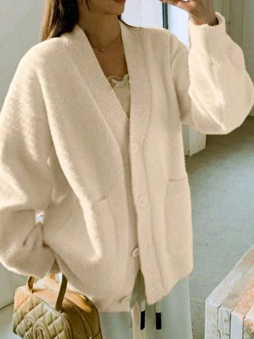 Elegant Faux Fur Collar Cardigan Sweater With Pockets