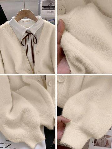 Elegant Faux Fur Collar Cardigan Sweater With Pockets