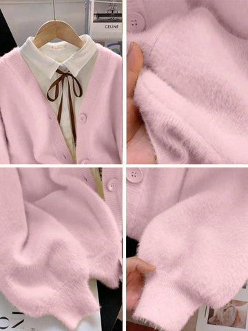 Elegant Faux Fur Collar Cardigan Sweater With Pockets