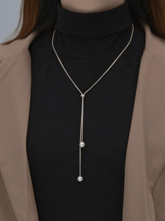 1pc Fashionable Simple Long Double Faux Pearl Adjustable Pull-String Necklace