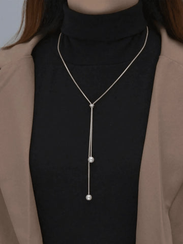 1pc Fashionable Simple Long Double Faux Pearl Adjustable Pull-String Necklace