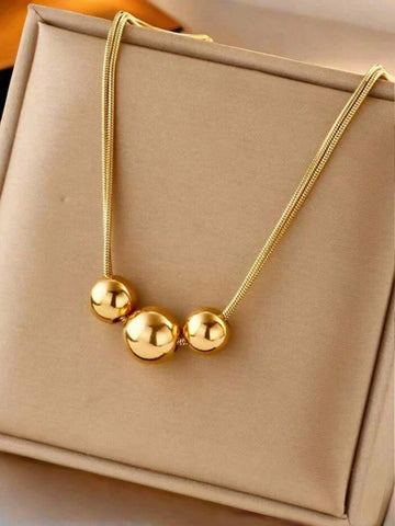 1pc Gold Stainless Steel Ball Design Necklace With Vintage Multilayered Beads