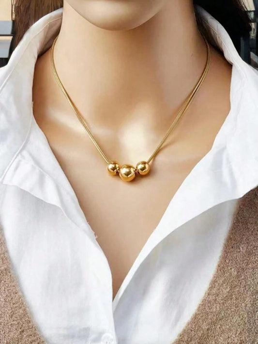 1pc Gold Stainless Steel Ball Design Necklace With Vintage Multilayered Beads