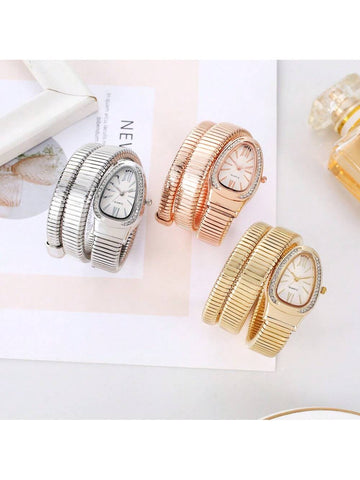 1pc Luxury Snake-Shaped Rhinestone Women Bracelet Watch