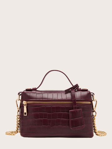 1pc PU Leather Stone/Ostrich/Snake Textured Elegant Lady's Box-Shaped Makeup Bag