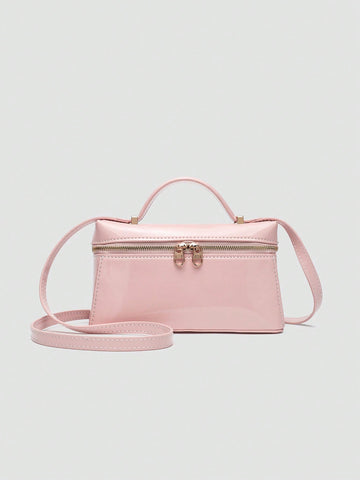 1pc Solid Color Litchi Grain PU Square Crossbody Bag