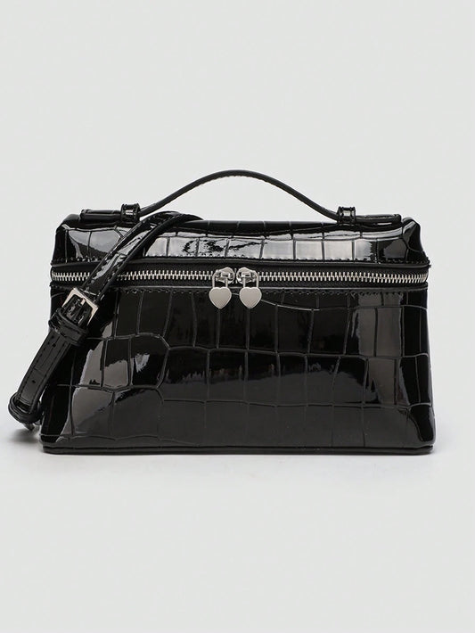 1pc Solid Color Litchi Grain PU Square Crossbody Bag