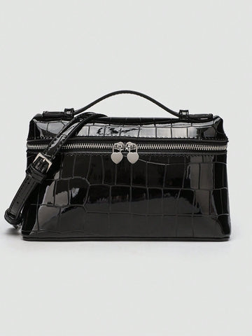 1pc Solid Color Litchi Grain PU Square Crossbody Bag