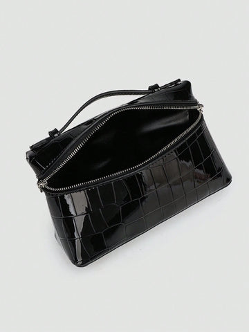 1pc Solid Color Litchi Grain PU Square Crossbody Bag