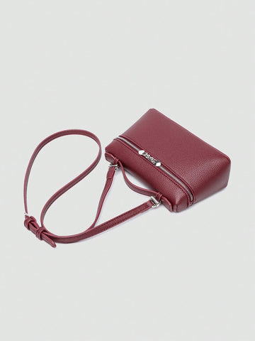 1pc Solid Color Litchi Grain PU Square Crossbody Bag
