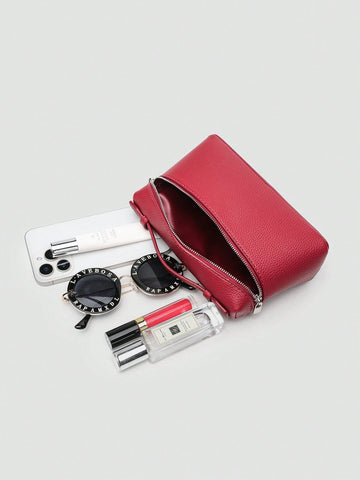 1pc Solid Color Litchi Grain PU Square Shoulder Bag