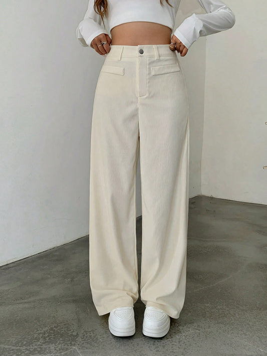 1pc Solid Color Polyester Button Pocket Zipper Pants