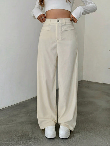 1pc Solid Color Polyester Button Pocket Zipper Pants