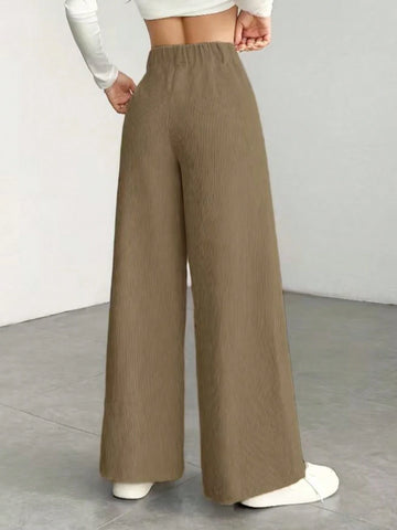 1pc Solid Color Polyester Button Pocket Zipper Pants