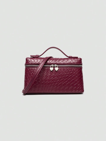 1pc Solid Color Litchi Grain PU Square Crossbody Bag