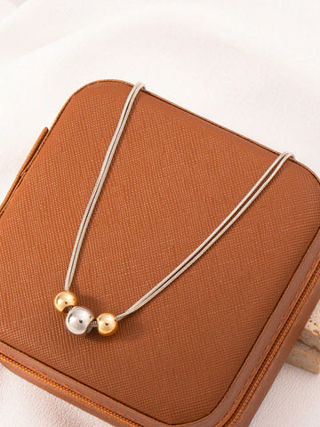 1pc Gold Stainless Steel Ball Design Necklace With Vintage Multilayered Beads