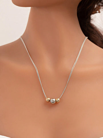 1pc Gold Stainless Steel Ball Design Necklace With Vintage Multilayered Beads