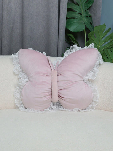 1pc Velvet Pink Butterfly Decorative Throw Pillow