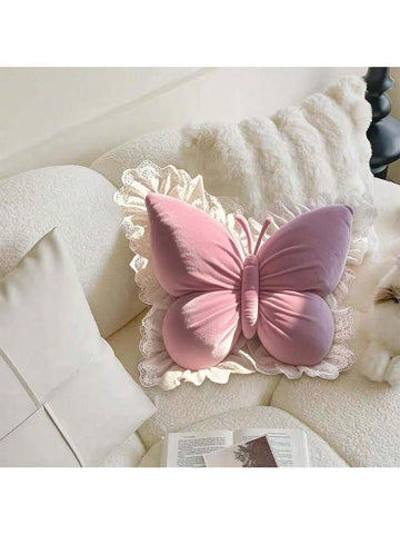 1pc Velvet Pink Butterfly Decorative Throw Pillow