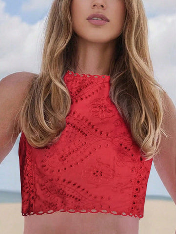 1pc Vintage Floral Hollow Out Full Embroidery Sleeveless Crew Neck Crop Top
