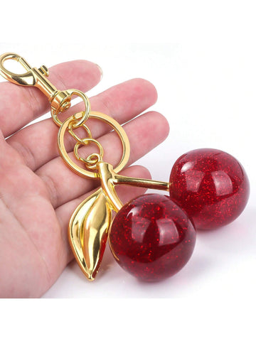 1pc Women Fashion Alloy Cherry Shaped Glitter Fruit Keychain