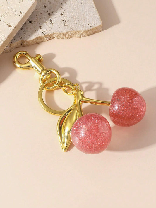 1pc Women Fashion Alloy Cherry Shaped Glitter Fruit Keychain