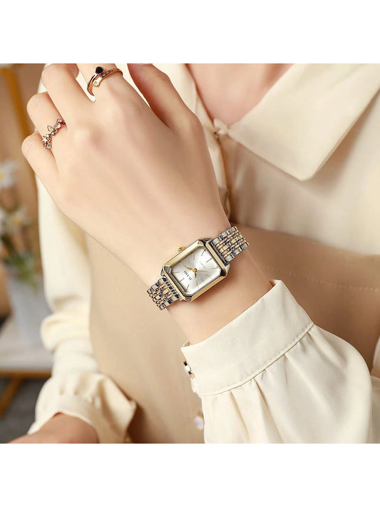 1pc Women Fashionable New Roman Numeral Dial Stainless Steel Band Quartz Watch