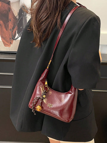 1pc Faux Snake Skin Woven Solid Color PU Tote Bag