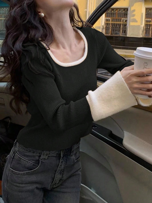 1pc Women's Elegant Slim Fit Contrasting Color Short Base Sweater