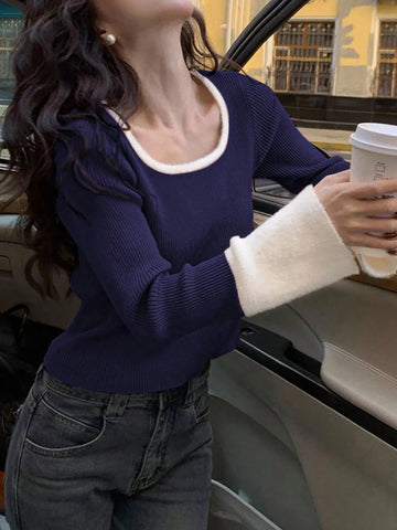 1pc Women's Elegant Slim Fit Contrasting Color Short Base Sweater