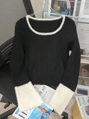 1pc Women's Elegant Slim Fit Contrasting Color Short Base Sweater