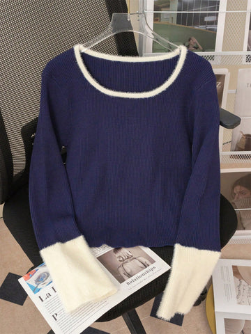 1pc Women's Elegant Slim Fit Contrasting Color Short Base Sweater