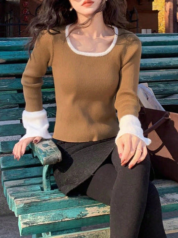 1pc Women's Elegant Slim Fit Contrasting Color Short Base Sweater