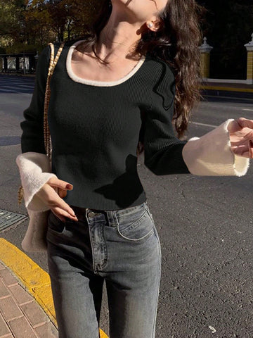 1pc Women's Elegant Slim Fit Contrasting Color Short Base Sweater